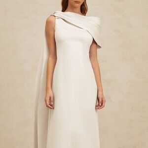 Miss Rosier Annabelle White Cape-Design Ribbon Maxi Dress